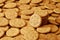 Closeup of salted crackers. Background image of classic salty cracker on a brown wooden tabl