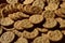 Closeup of salted crackers. Background image of classic salty cracker on a brown wooden tabl