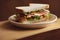 Closeup of a sandwich with assorted organic vegetables on a wooden table. ai generative.