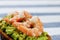 Closeup sandwich with avocado guacomole and seafood srimp