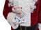 Closeup of Santa Claus holding an empty shopping cart in his hand in front of his body.. On-line holiday shopping concept
