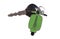 Closeup of a scooter key with a green scooter keychain isolated on a white background