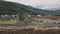 Closeup Scotland historical castle ruins aerial. Ruined architecture attraction at sea bay