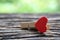 Closeup Selective focus of Red heart wooden Paper Clips with gr