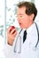 Closeup Senior Doctor Eating Red Apple