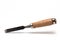 Closeup sharp chisel wooden handle white background