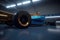 Closeup of a shiny gold drag racing car with a black trim and blue wheel rims. Speed drive concept. AI generation