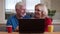 Closeup shoot of aged happy couple having a video call on the laptop with cups with tea on the desk indoors in a cozy