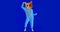 Closeup shoot of funny girl with cat head and costume dancing with the background isolated on blue