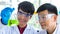 Closeup shot of Asian happy young successful professional male scientist student face in white lab coat and blue rubber gloves