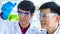 Closeup shot of Asian happy young successful professional male scientist student face in white lab coat and blue rubber gloves