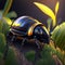 A closeup shot of a black beetle in the grass under the sunlight Generative AI