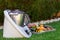 Closeup shot of a blender with a tray of fruits next to it