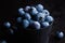 Closeup shot of blueberries in a black bowl with dark background