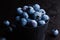 Closeup shot of blueberries in a black bowl with dark background