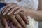 Closeup shot of a bride and grooms hands with wedding rings