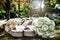 Closeup shot of the bride's wedding shoes with bouquets of roses in the yard