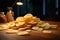 Closeup shot captures a tempting stack of potato chips on table