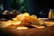 Closeup shot captures a tempting stack of potato chips on table