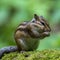 Closeup shot of a chipmunk perched atop a moss-covered rock.