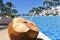 Closeup shot of coconut near the pool in Punta Cana, Dominican Republic