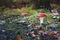 Closeup shot of a cute agaric fungus growing in the grass on blurred background