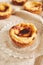 Closeup shot of a delicious Portuguese egg tart on a plate