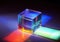 Closeup shot of dichroic reflective square cube scattering beam of light into several colors