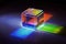 Closeup shot of dichroic reflective square cube scattering beam of light into several colors