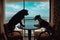 Closeup shot of dogs in a cafe standing on chairs in front of each other