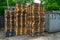 Closeup shot of empty wooden pallets stacked on top of each other outdoors