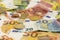 Closeup shot of European Union banknotes and coins