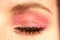 Closeup shot of eye makeup with pink shadow and heavy mascara