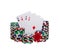 Closeup shot of four aces playing cards and a stack of poker chips isolated on white background