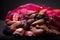 Closeup shot of the French red shallot onions in the net bag isolated on the black background