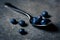 Closeup shot of fresh organic blueberries  silver spoon on wooden table