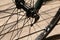 Closeup shot of a front wheel and spokes of a bicycle