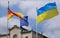 Closeup shot of Germany, Ukraine, and EU flags fluttering on a  sky background