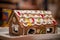 Closeup shot of a gingerbread house decorated with icing, sprinkles, and gummy bears