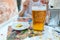 Closeup shot of a glass of italian beer Angelo Poretti