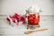 Closeup shot of a glass of strawberry with cream