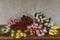 Closeup shot of gorgeous bouquets of colorful tulips on the table