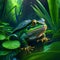 A closeup shot of a green frog swimming in a water pond Generative AI