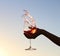 Closeup shot of a hand holding a splashing glass of wine