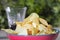 Closeup shot of a heap of crispy chips in a bowl