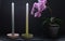 Closeup shot of home decor of two candles and potted pink orchids with a black background