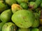 Closeup shot of the  juicy, ripe and green mangos in the market