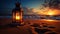 closeup shot of Lantern on sand in beach at sunset generative AI