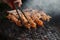 Closeup shot of a man\\\'s hand grilling meat on the barbecue grill
