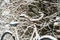 Closeup shot of an old rusty snow-covered bike outdoors